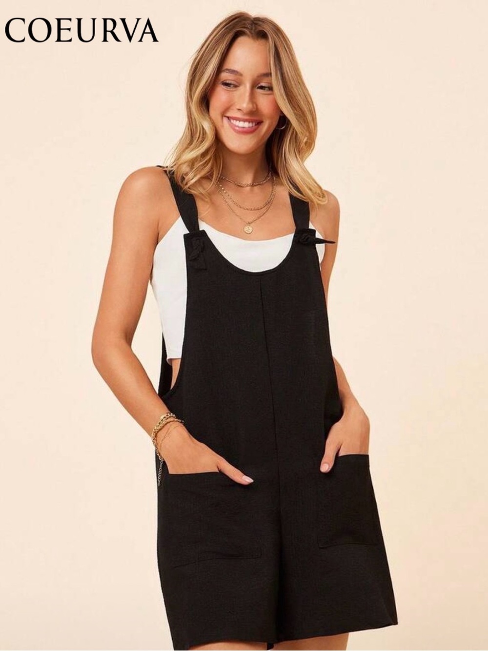 SHEIN Black Short Pinafore Romper Overalls